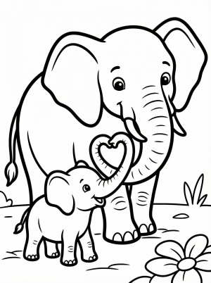 Illustration of a mother elephant and her baby, standing side by side, with their long trunks intertwined to form a perfect heart shape. A touching scene.
