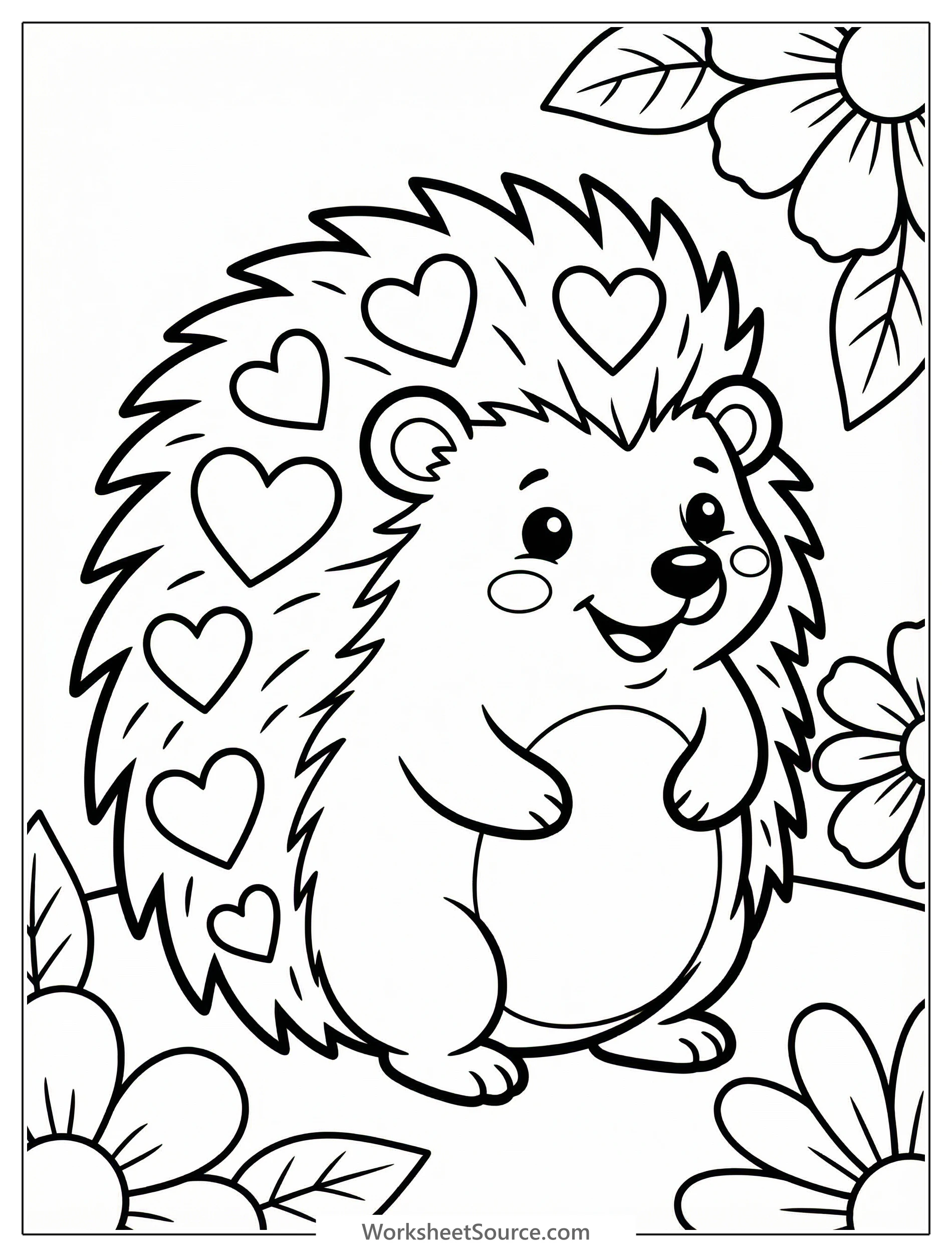Adorable cartoon hedgehog with a friendly smile, sitting upright. Its quills are adorned with tiny hearts, ready for a special Valentine's Day celebration.