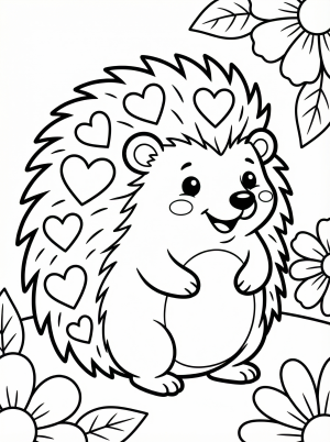 Adorable cartoon hedgehog with a friendly smile, sitting upright. Its quills are adorned with tiny hearts, ready for a special Valentine's Day celebration.