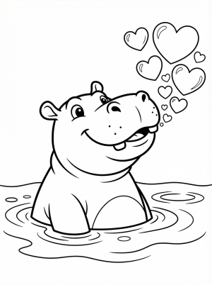 Outline of a cheerful hippo in water, blowing many heart shaped bubbles from its nose. The hippo has a wide smile and sparkling eyes.