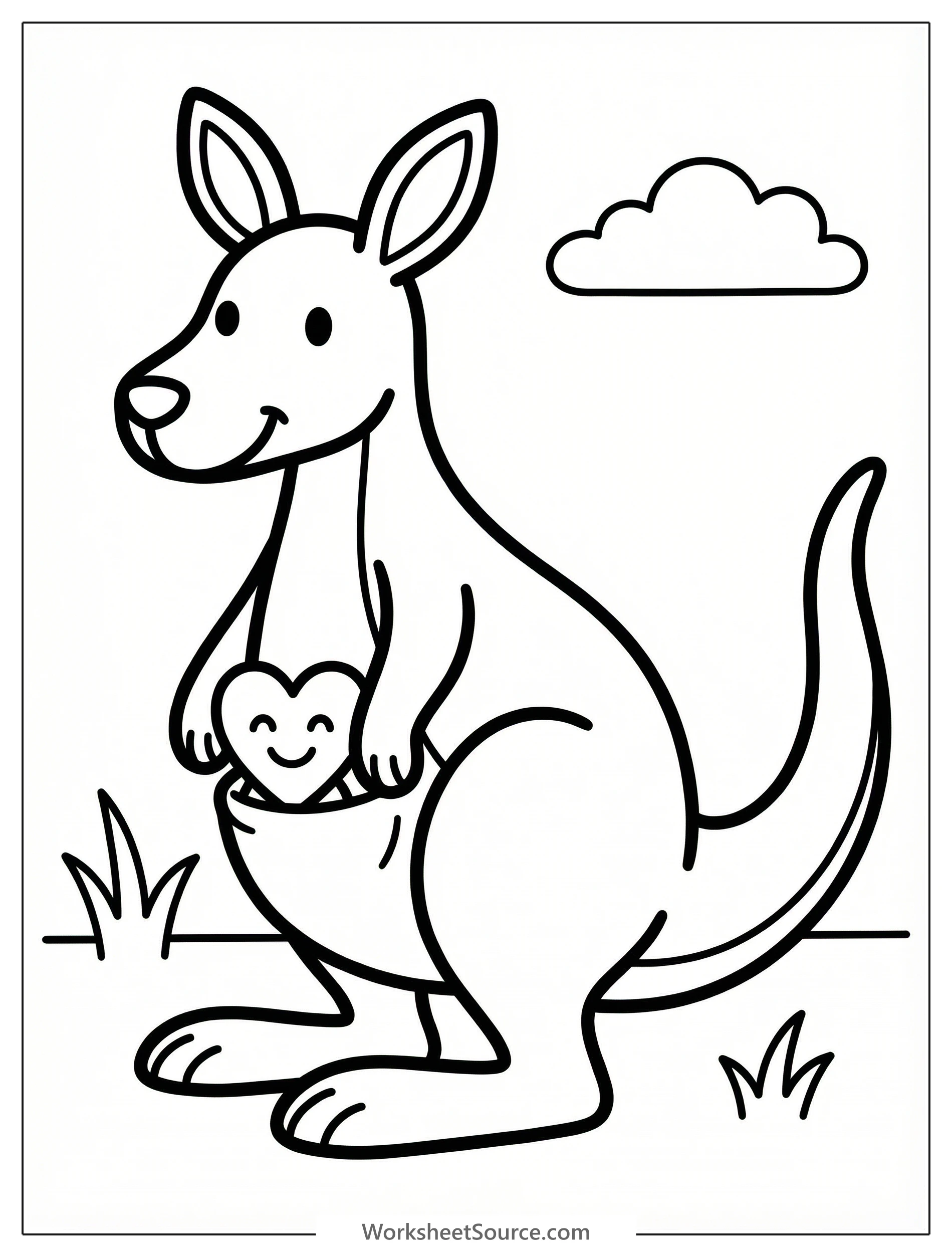 A friendly cartoon kangaroo stands upright, smiling, with a small red heart peeking playfully from its cozy front pouch. The image is line art for coloring.