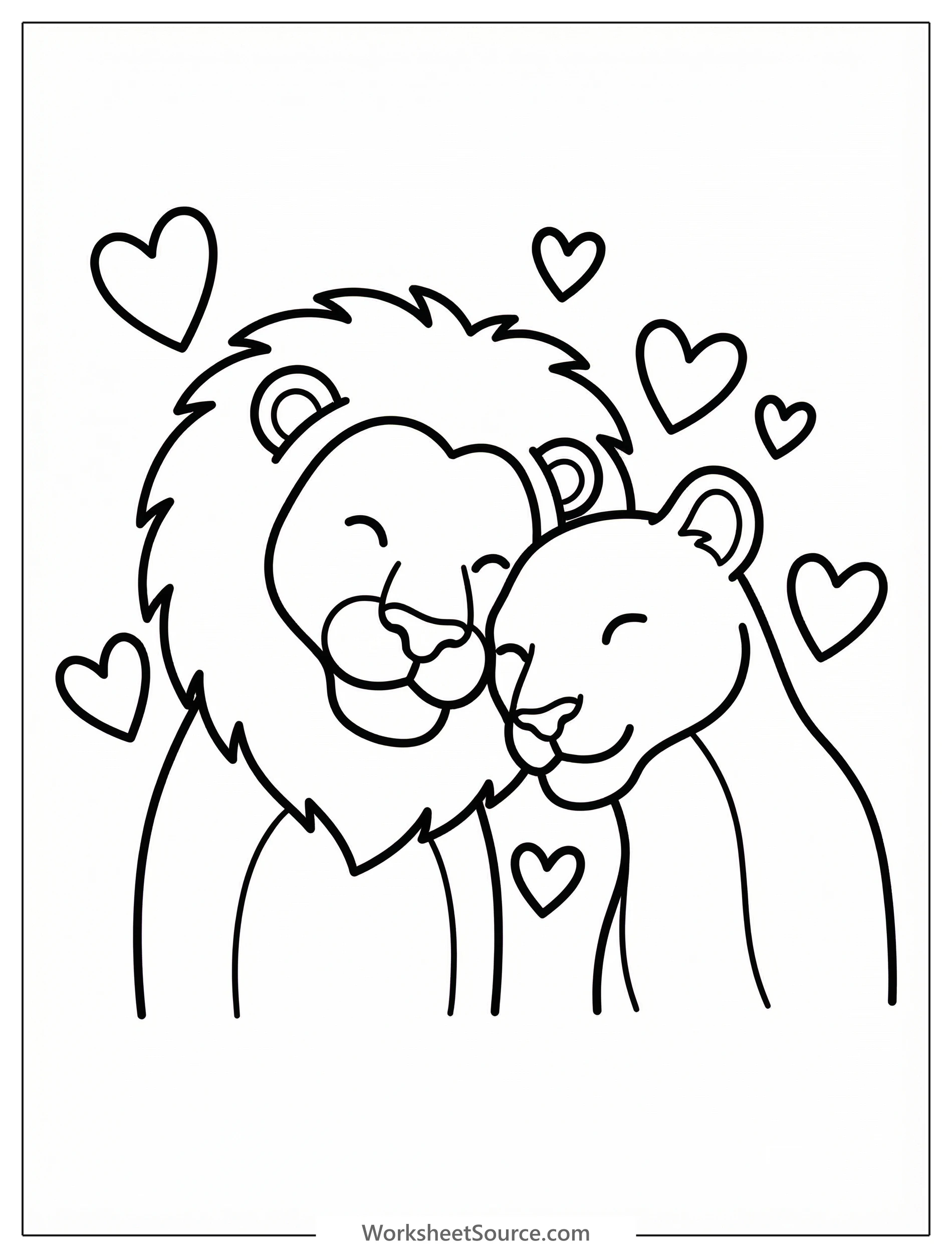 Line art illustration shows a loving lion and lioness nuzzling affectionately, surrounded by hearts. Perfect for Valentine's Day activities.
