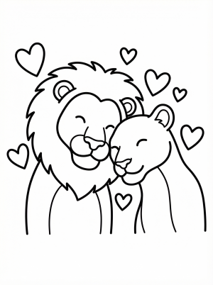 Line art illustration shows a loving lion and lioness nuzzling affectionately, surrounded by hearts. Perfect for Valentine's Day activities.