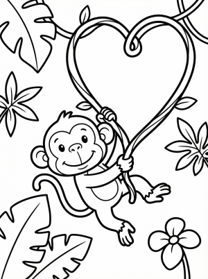 Outline drawing of a happy monkey swinging from a heart shaped vine in a lush jungle setting, with leaves and flowers. Valentine's Day theme.