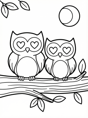 Two cheerful cartoon owls with large heart shaped eyes are perched closely on a tree branch, surrounded by small floating hearts. Black and white line art for coloring.