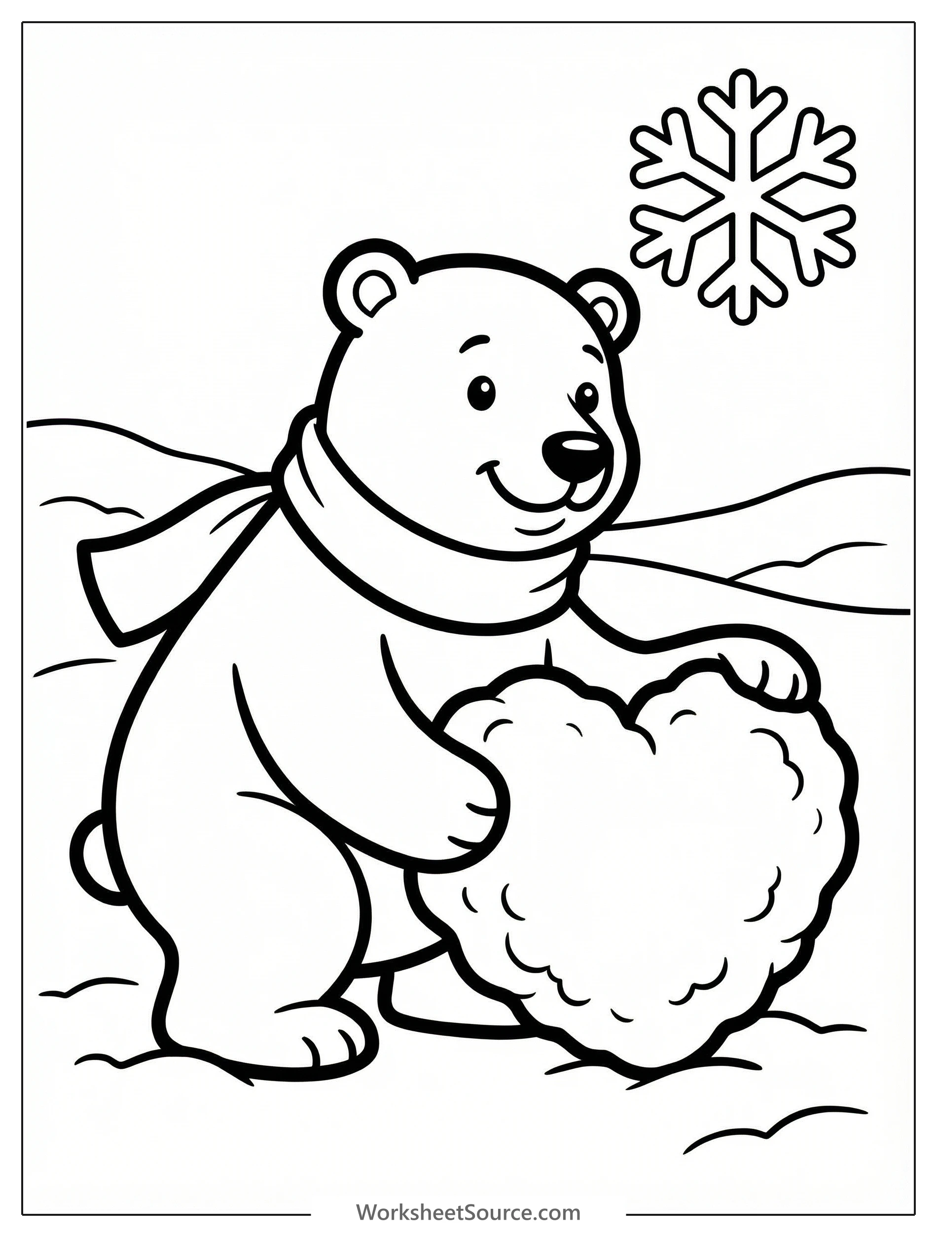Charming polar bear in a snowy arctic scene forming a perfect heart shaped snowball with its paws for Valentine's Day. Ideal for coloring pages.