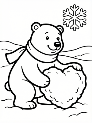 Charming polar bear in a snowy arctic scene forming a perfect heart shaped snowball with its paws for Valentine's Day. Ideal for coloring pages.