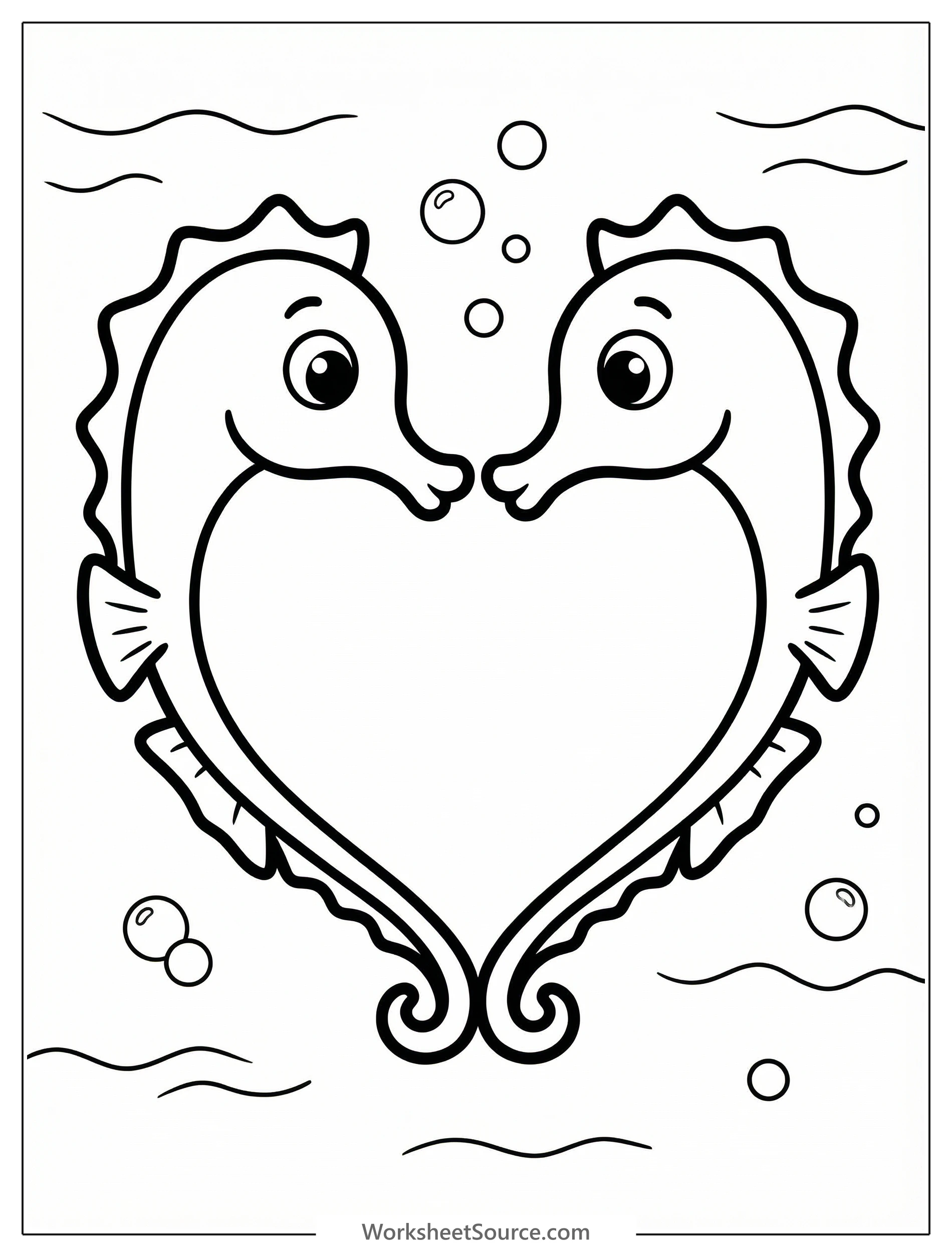 Two seahorses facing each other forming a heart shape coloring page for kids - black and white line art ready to print and color