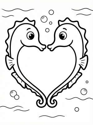 Two seahorses facing each other forming a heart shape coloring page for kids - black and white line art ready to print and color