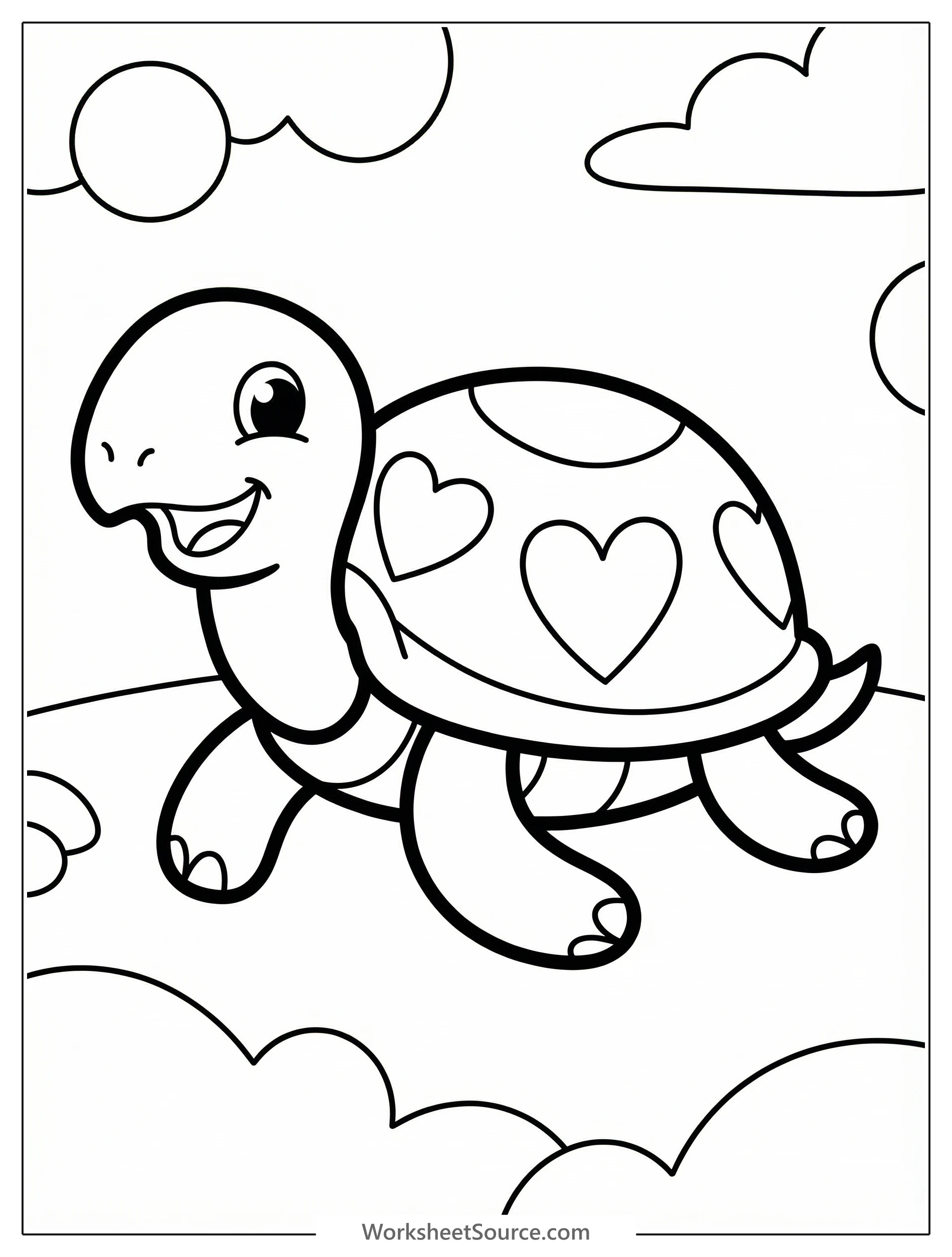 An adorable outline drawing of a cheerful sea turtle with various heart shapes adorning its shell and flippers, designed for coloring activities.
