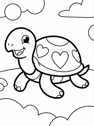 An adorable outline drawing of a cheerful sea turtle with various heart shapes adorning its shell and flippers, designed for coloring activities.
