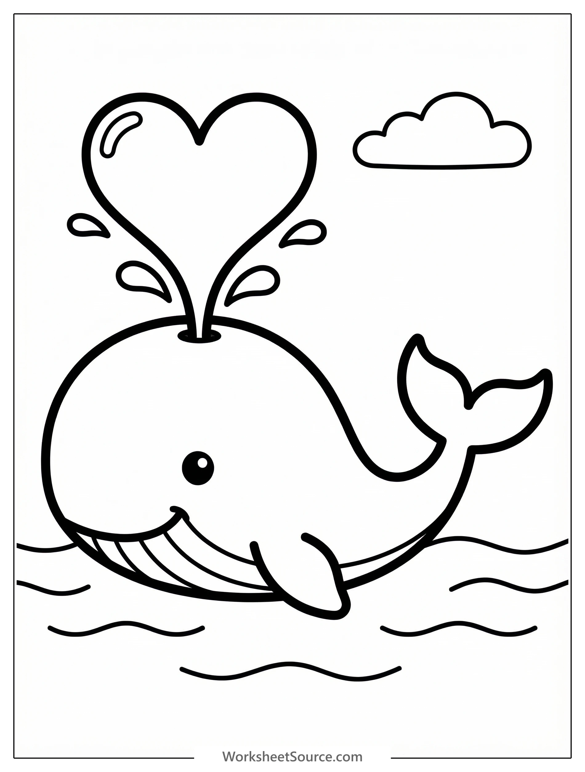 Line art coloring page showing a happy whale spouting a large heart shaped stream of water from its blowhole. The whale has a cheerful smile.