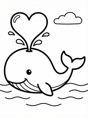 Line art coloring page showing a happy whale spouting a large heart shaped stream of water from its blowhole. The whale has a cheerful smile.