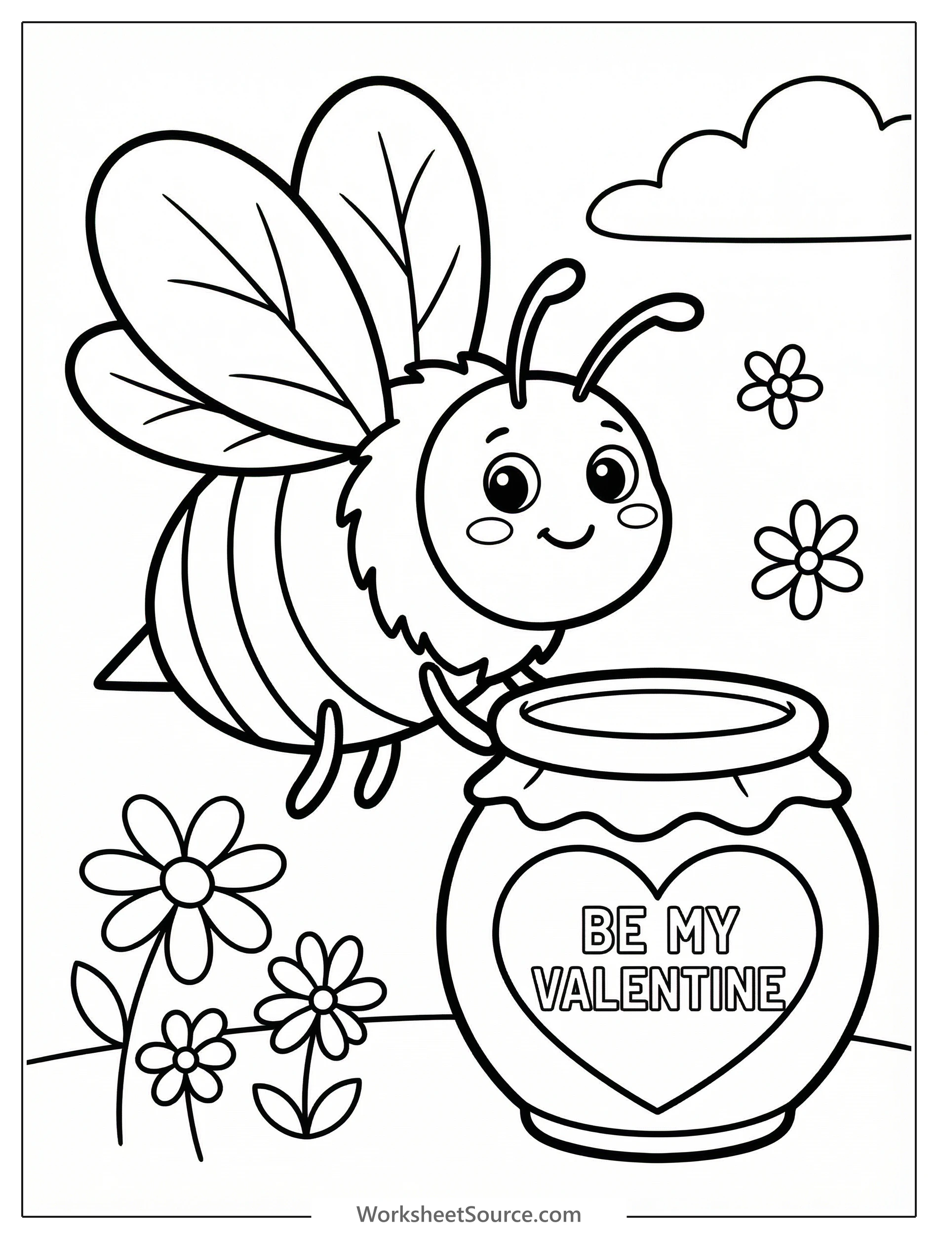 A cute cartoon bumblebee with large eyes and delicate wings, holding a honey pot labeled 'Be My Valentine' with a heart, ready for coloring.