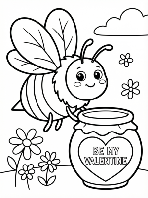 A cute cartoon bumblebee with large eyes and delicate wings, holding a honey pot labeled 'Be My Valentine' with a heart, ready for coloring.