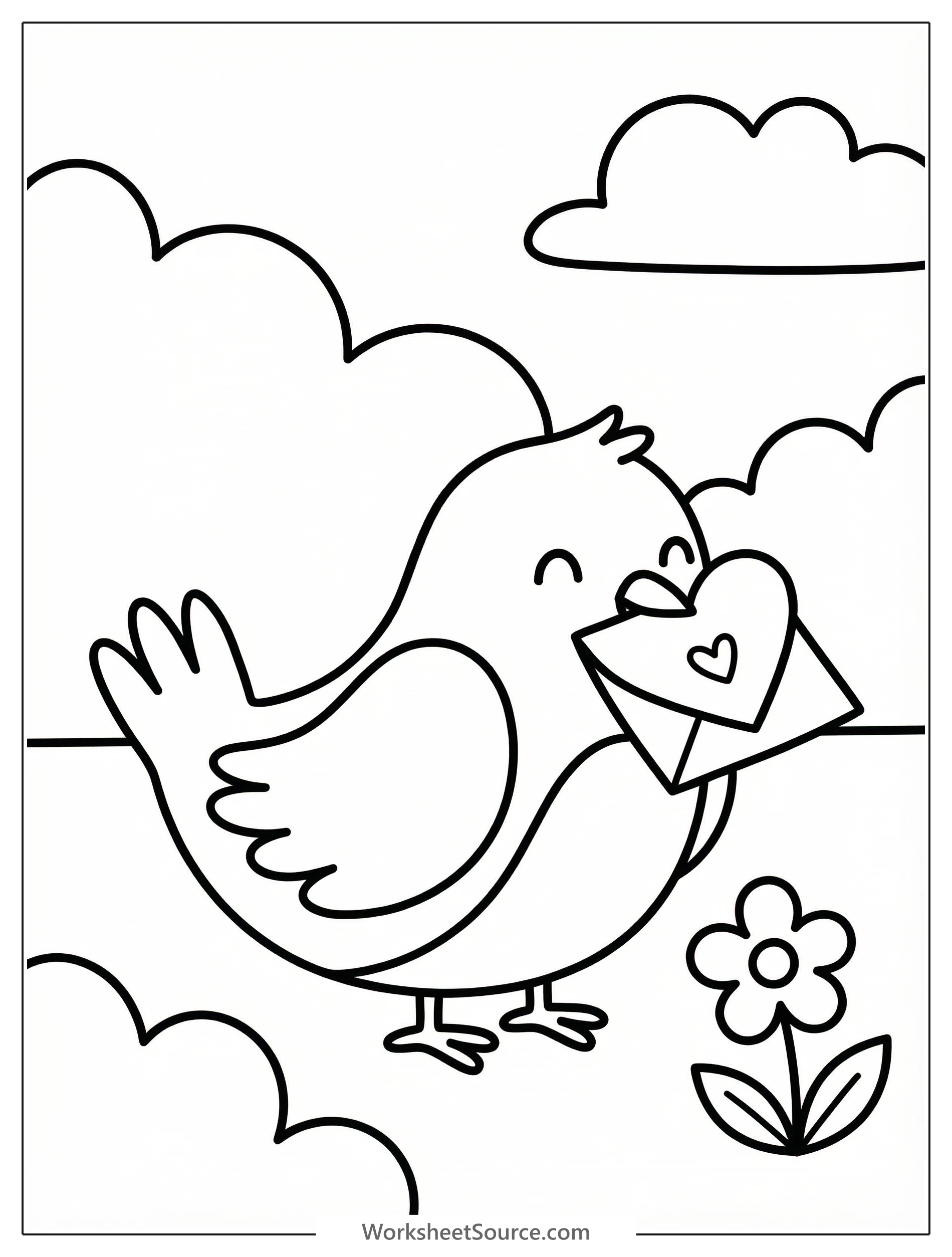 Outline of a cheerful cartoon bird holding a heart shaped note in its beak that reads 'Be My Valentine'. The bird has a round body and simple wings, ready for coloring.