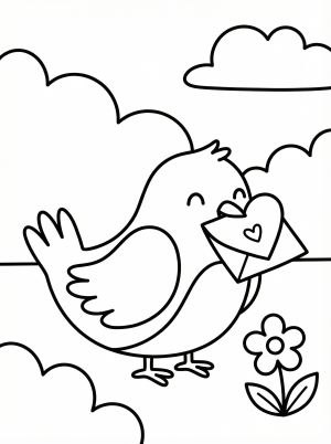 Outline of a cheerful cartoon bird holding a heart shaped note in its beak that reads 'Be My Valentine'. The bird has a round body and simple wings, ready for coloring.