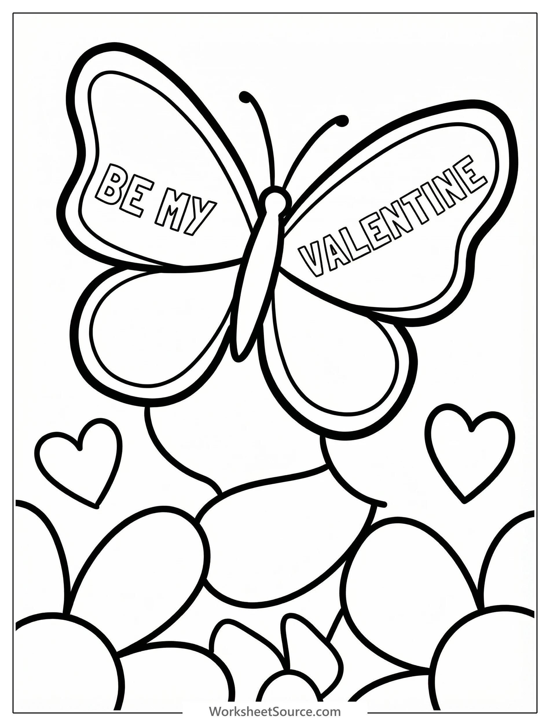 An outline drawing of a butterfly with large, detailed wings. The words 'Be My Valentine' are written clearly on its upper wings, ready for coloring.
