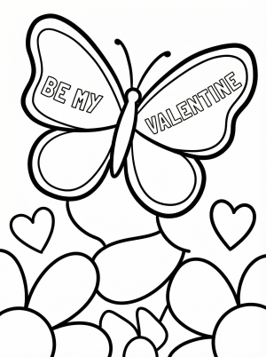 An outline drawing of a butterfly with large, detailed wings. The words 'Be My Valentine' are written clearly on its upper wings, ready for coloring.
