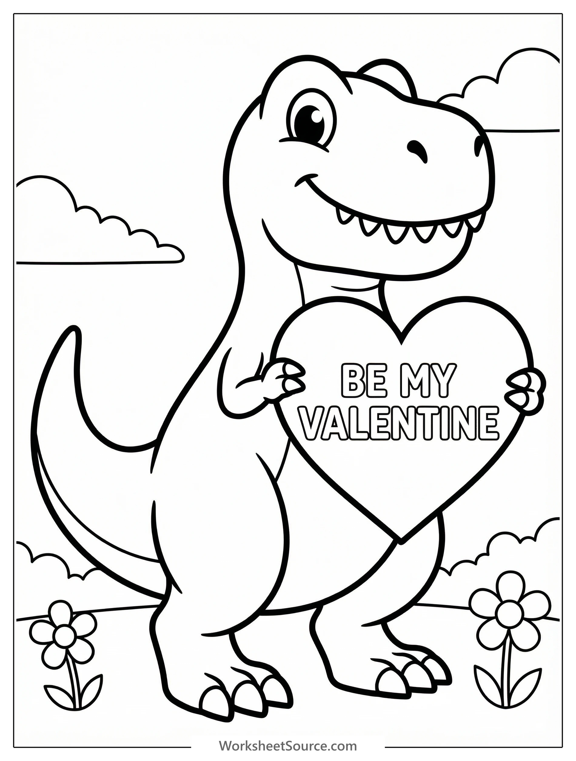 An adorable cartoon T-Rex dinosaur smiling, holding a large heart that says 'Be My Valentine' in bold letters. Suitable for coloring.