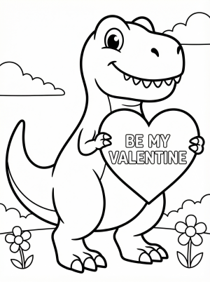 An adorable cartoon T-Rex dinosaur smiling, holding a large heart that says 'Be My Valentine' in bold letters. Suitable for coloring.