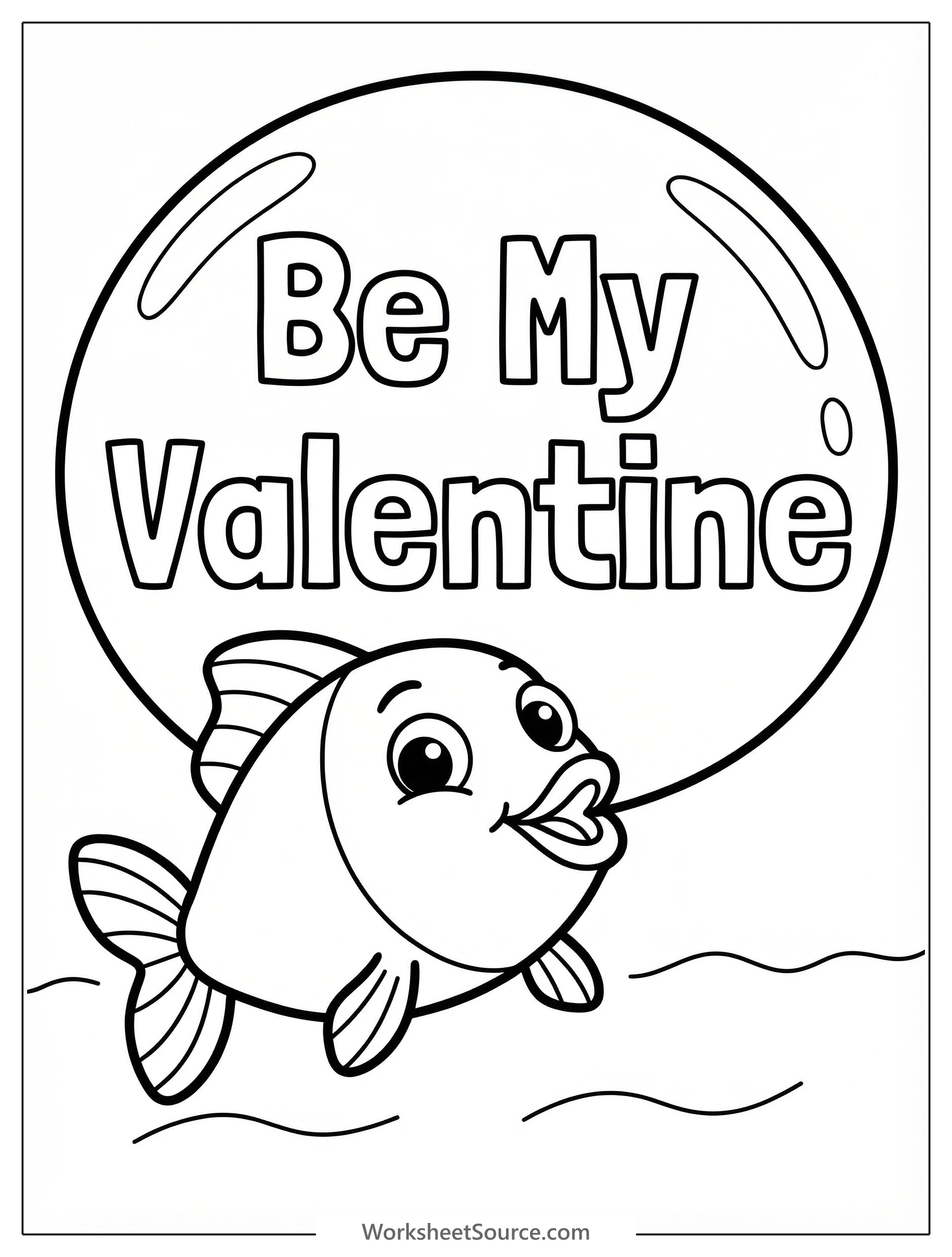Outline of a cheerful fish with large fins, blowing a bubble that contains the words 'Be My Valentine' in bold letters.