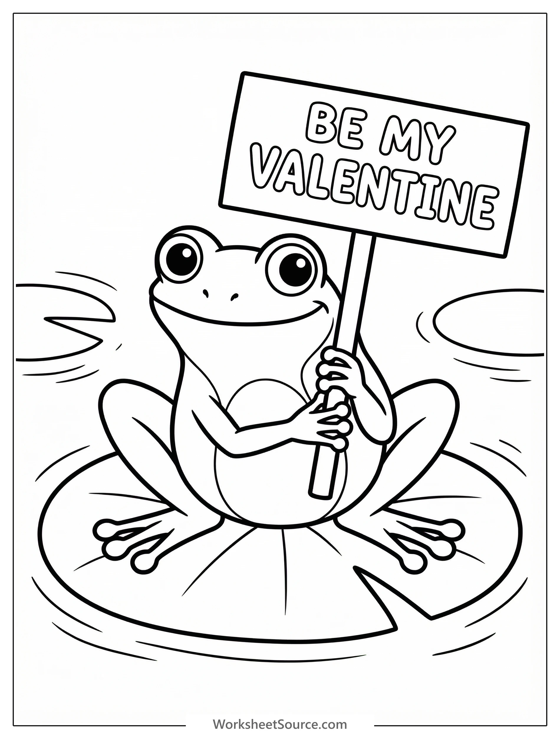 A cute cartoon frog sits on a green lily pad, holding a pink heart shaped 'Be My Valentine' sign. The frog has large friendly eyes and a gentle smile, ready for coloring.