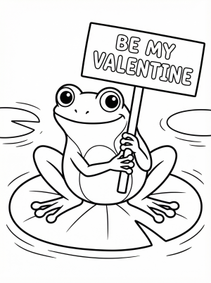 A cute cartoon frog sits on a green lily pad, holding a pink heart shaped 'Be My Valentine' sign. The frog has large friendly eyes and a gentle smile, ready for coloring.