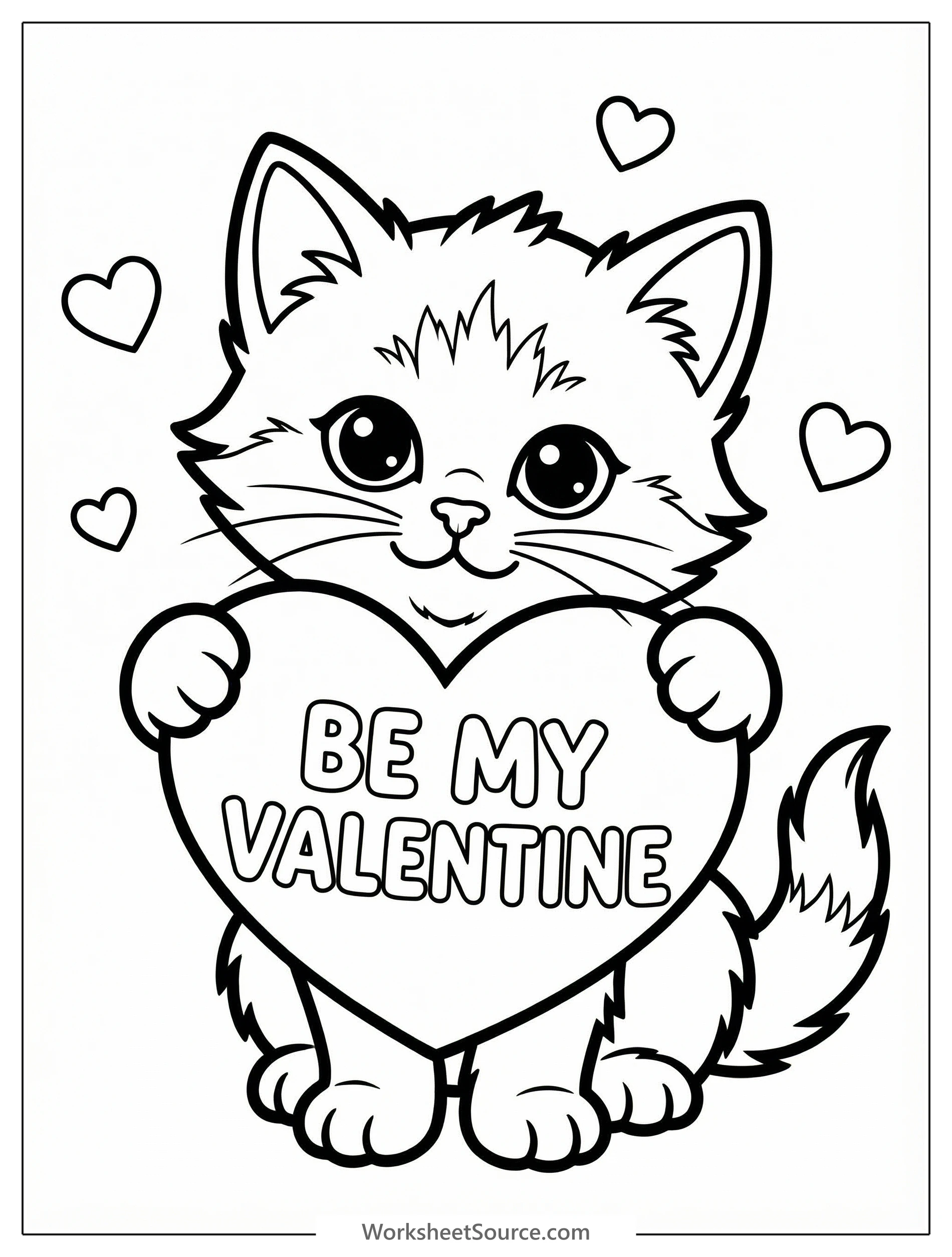 An adorable cartoon kitten with large eyes sits happily, holding up a heart shaped sign that reads 'Be My Valentine'. The kitten has a small bow on its head and paws are visible.