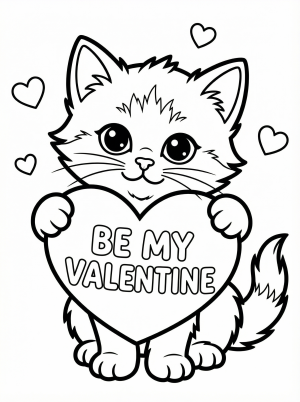 An adorable cartoon kitten with large eyes sits happily, holding up a heart shaped sign that reads 'Be My Valentine'. The kitten has a small bow on its head and paws are visible.