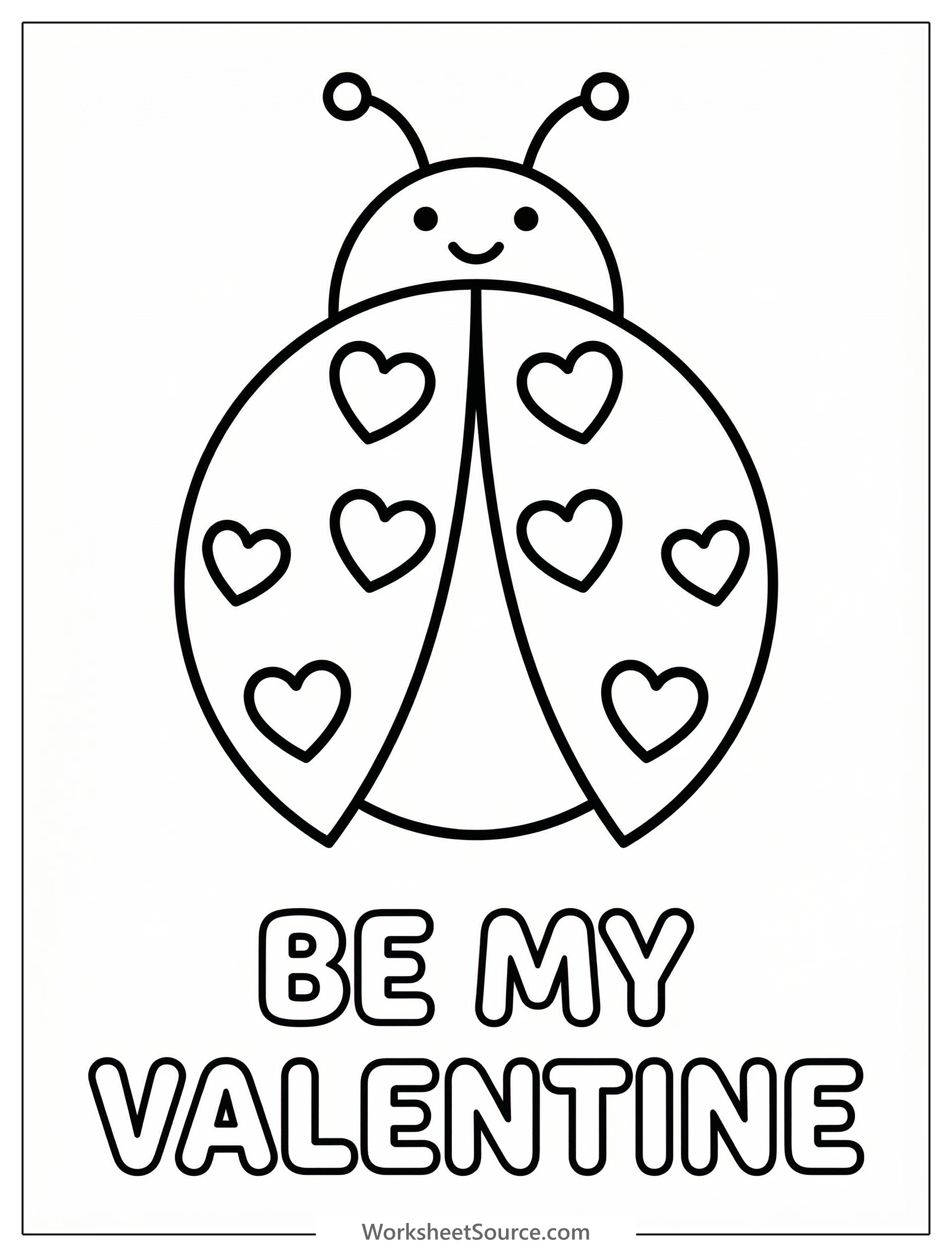 A cute cartoon ladybug coloring page. The ladybug has large heart shapes instead of traditional spots and the text 'Be My Valentine' is written below it.