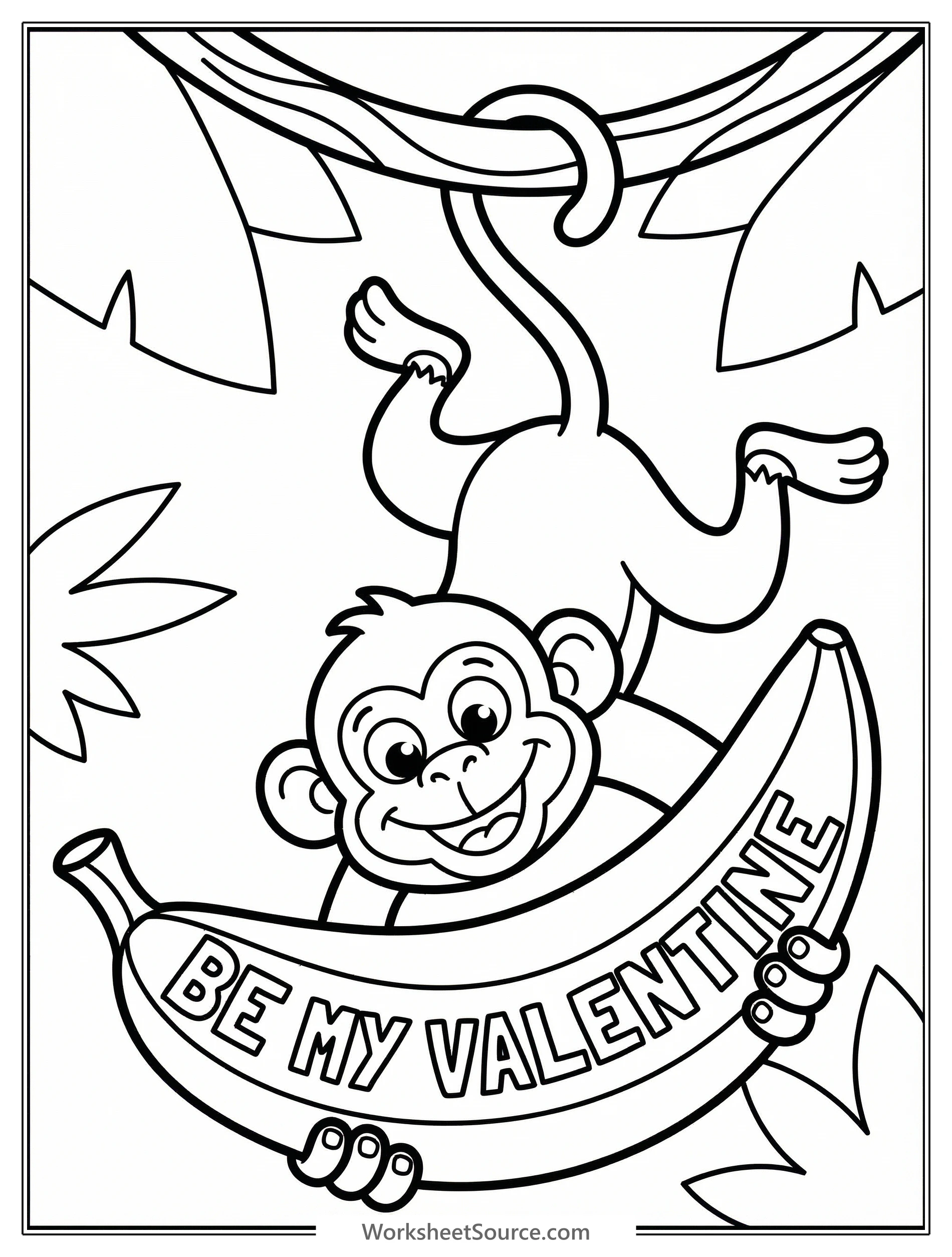 Cute cartoon monkey hangs from a vine holding a banana. The banana peel is opened to reveal 'Be My Valentine' text inside a heart. Whimsical line art style.