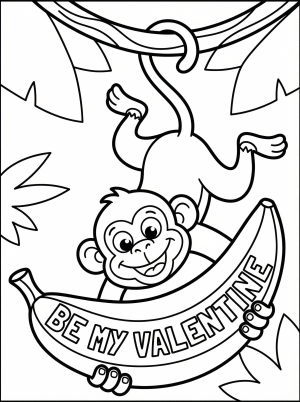 Cute cartoon monkey hangs from a vine holding a banana. The banana peel is opened to reveal 'Be My Valentine' text inside a heart. Whimsical line art style.