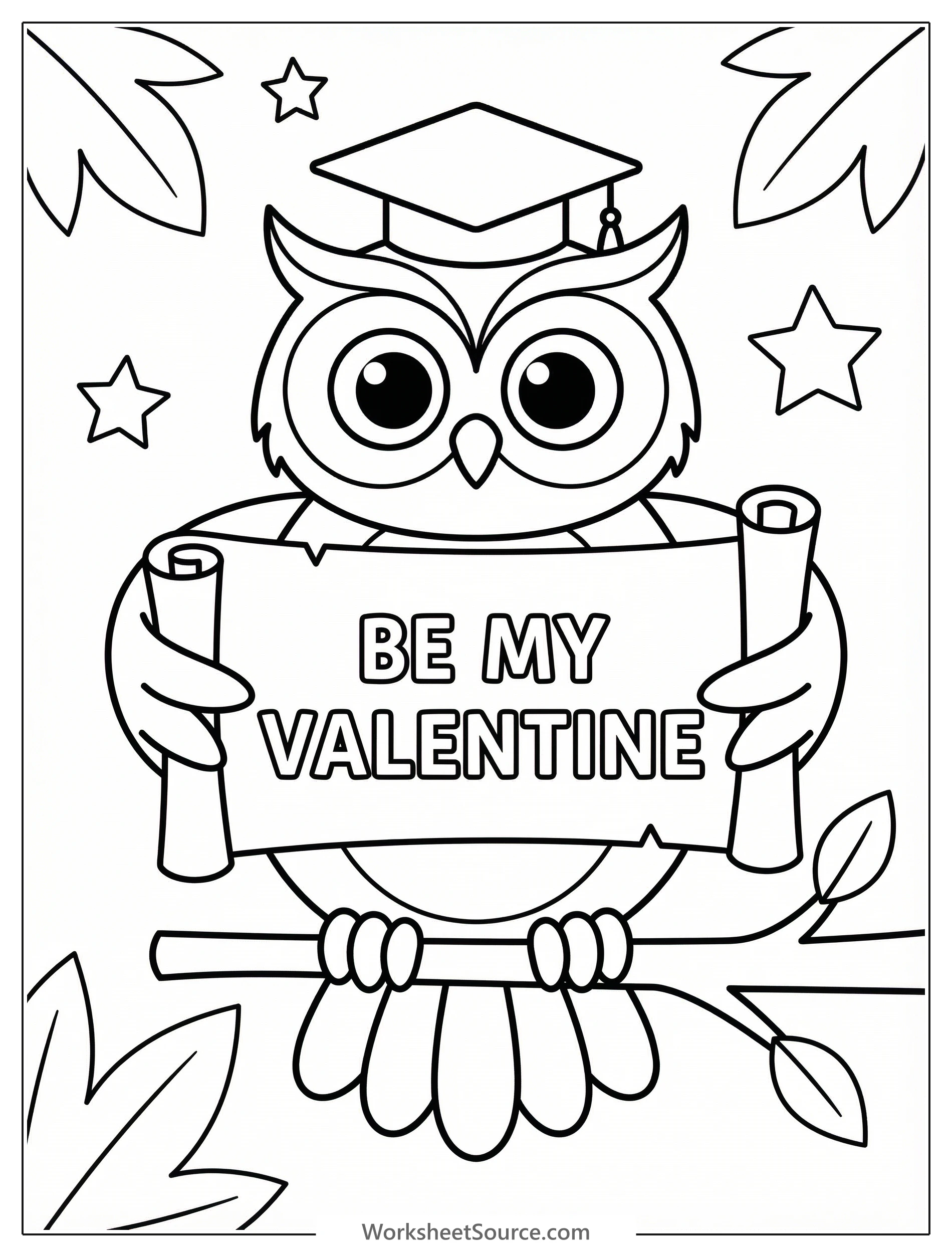 Line art of a wise owl with large eyes and feathers, holding a scroll that says 'Be My Valentine'. The owl is perched on a branch.