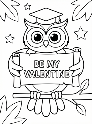Line art of a wise owl with large eyes and feathers, holding a scroll that says 'Be My Valentine'. The owl is perched on a branch.
