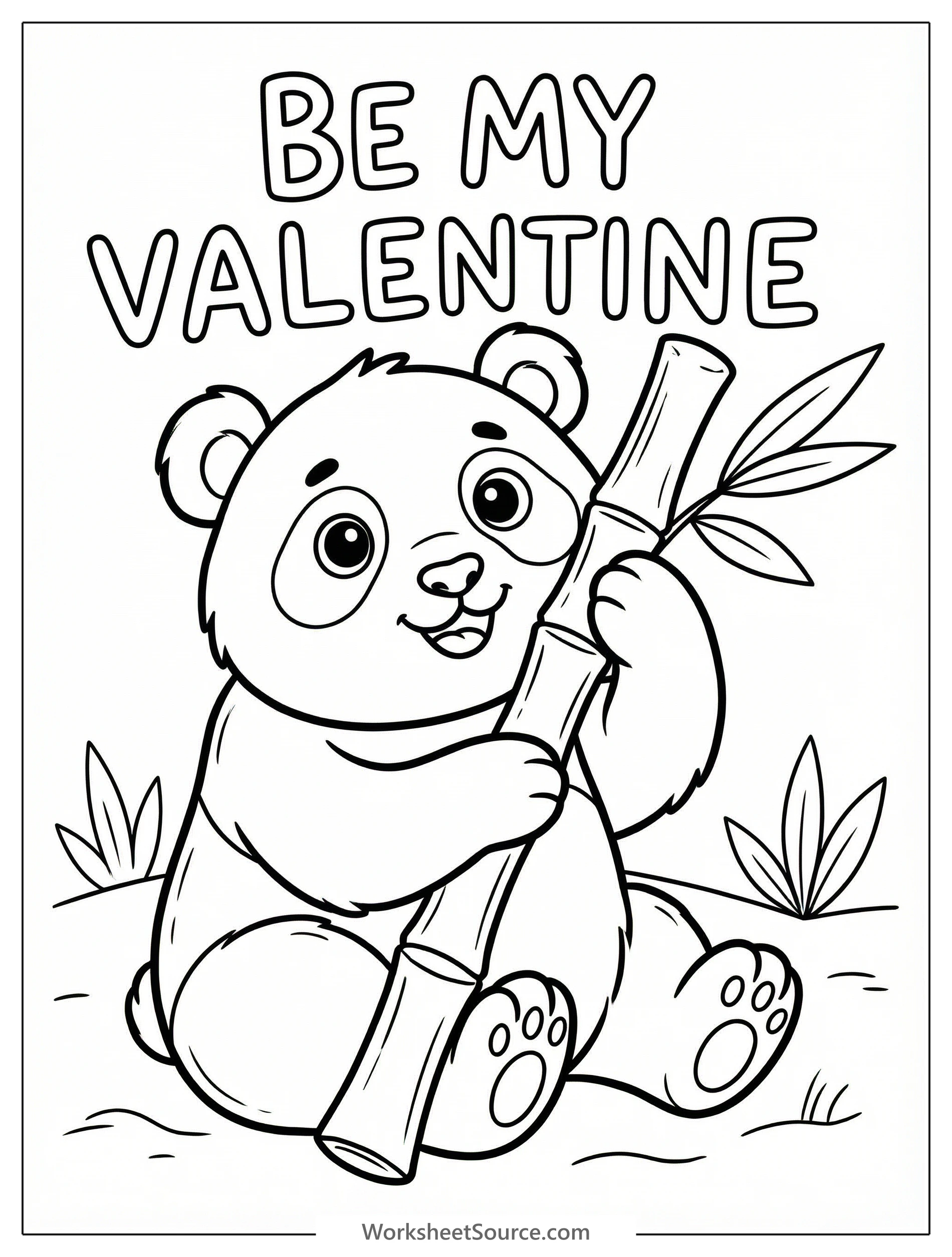 An adorable cartoon panda holding a bamboo stalk that reads 'Be My Valentine' in a charming handwritten font, designed for coloring.