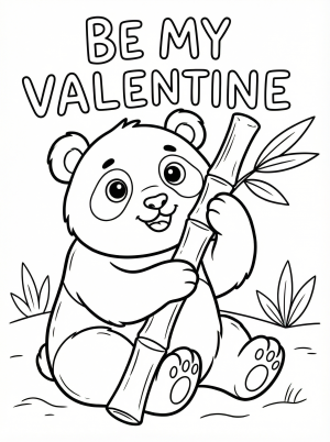An adorable cartoon panda holding a bamboo stalk that reads 'Be My Valentine' in a charming handwritten font, designed for coloring.