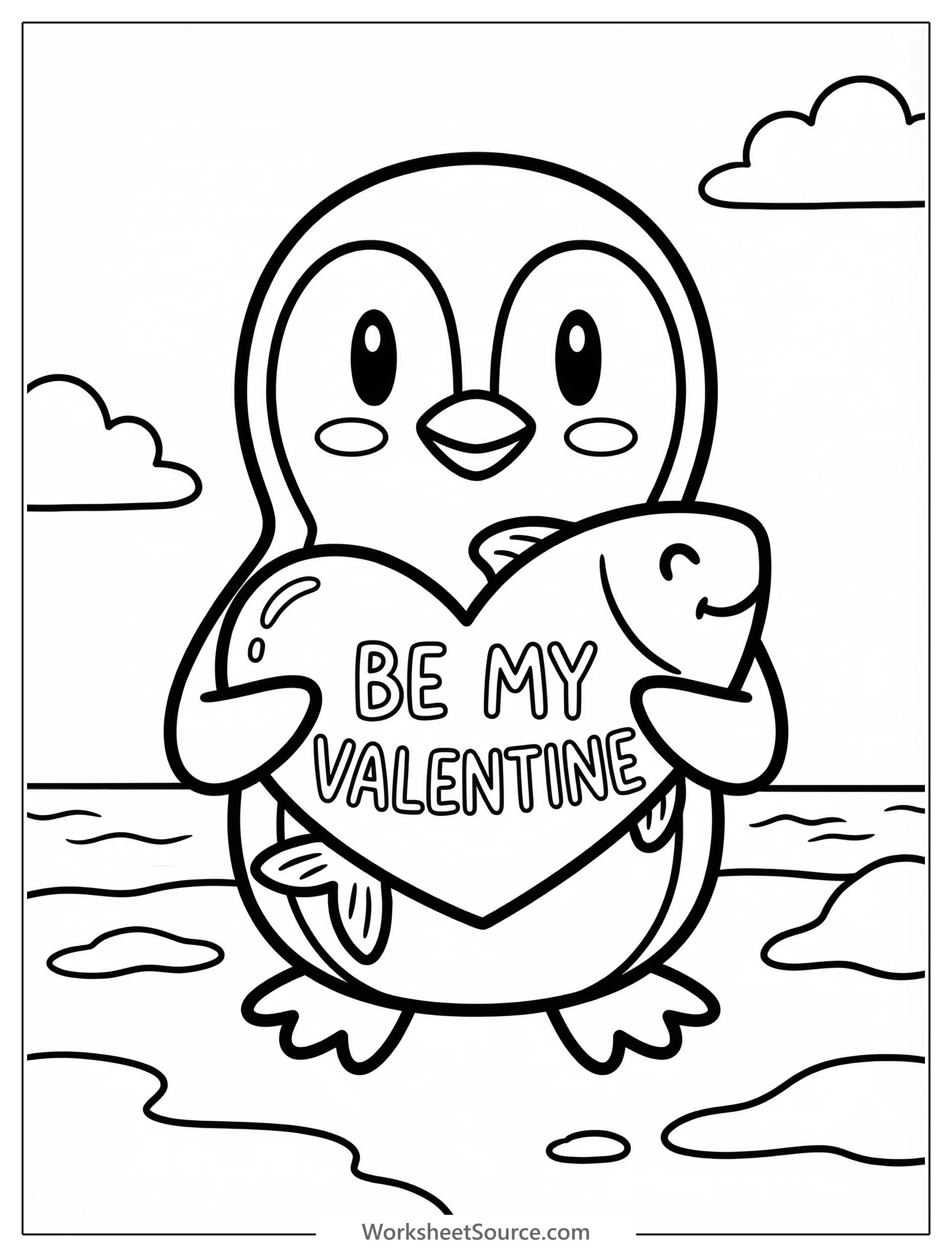 A friendly penguin stands holding a heart shaped fish that says 'Be My Valentine' in bold letters, ready for coloring.