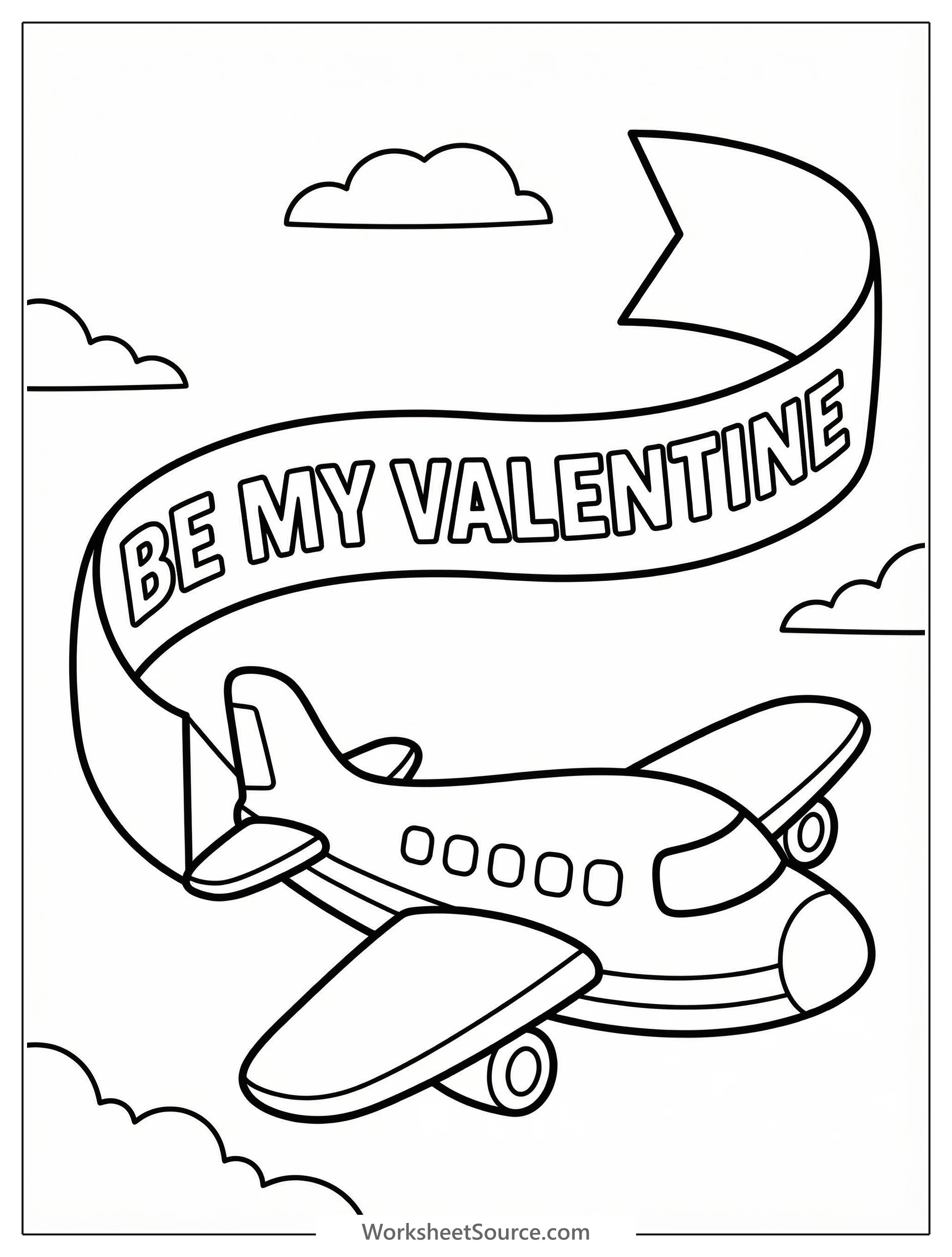 Outline drawing of an airplane flying across the sky, trailing a large banner that reads 'Be My Valentine' in elegant script. Clouds are visible in the background.