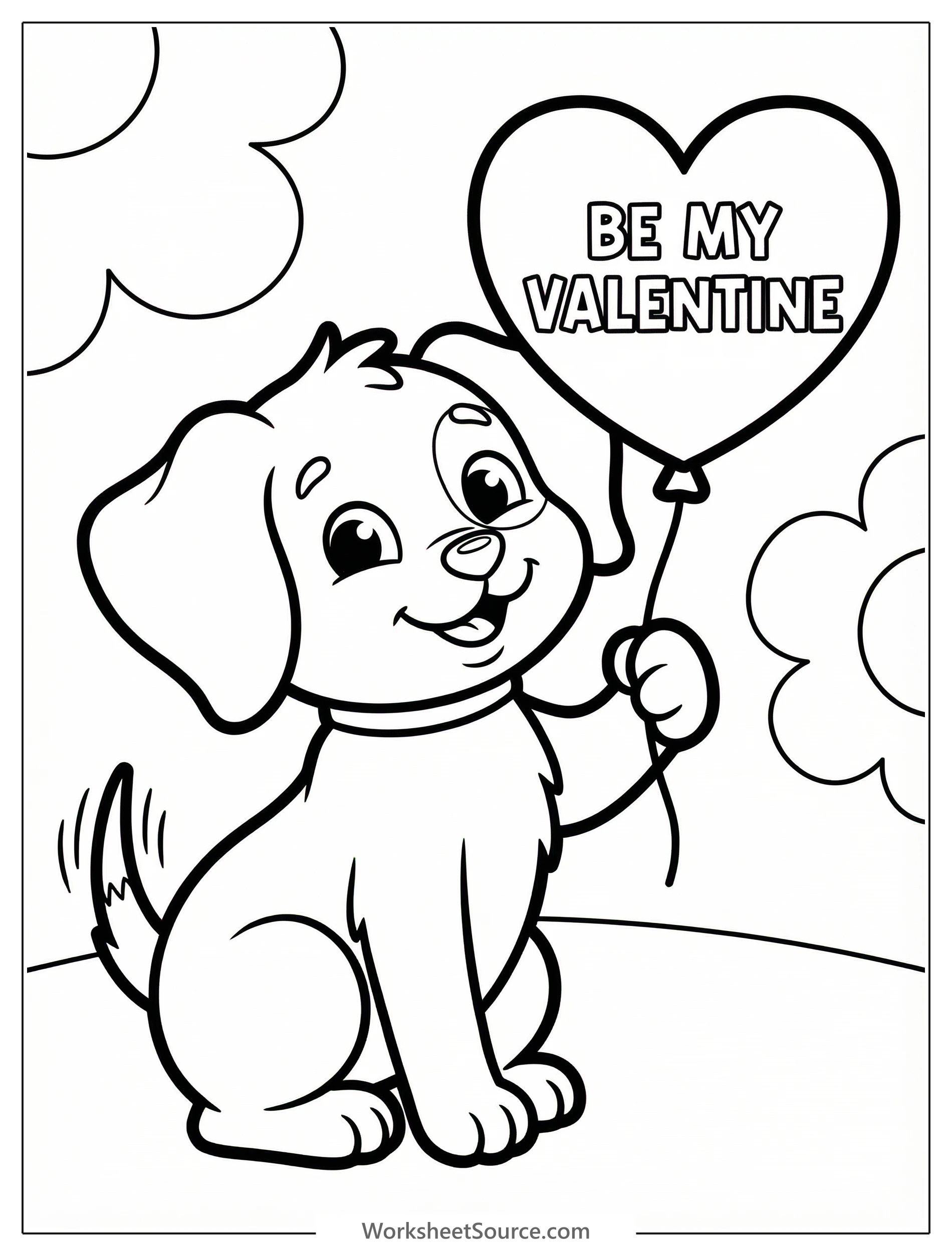 A cheerful puppy sits smiling, holding a large heart that reads 'Be My Valentine'. The dog has floppy ears and a wagging tail, ready for coloring.