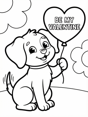 A cheerful puppy sits smiling, holding a large heart that reads 'Be My Valentine'. The dog has floppy ears and a wagging tail, ready for coloring.