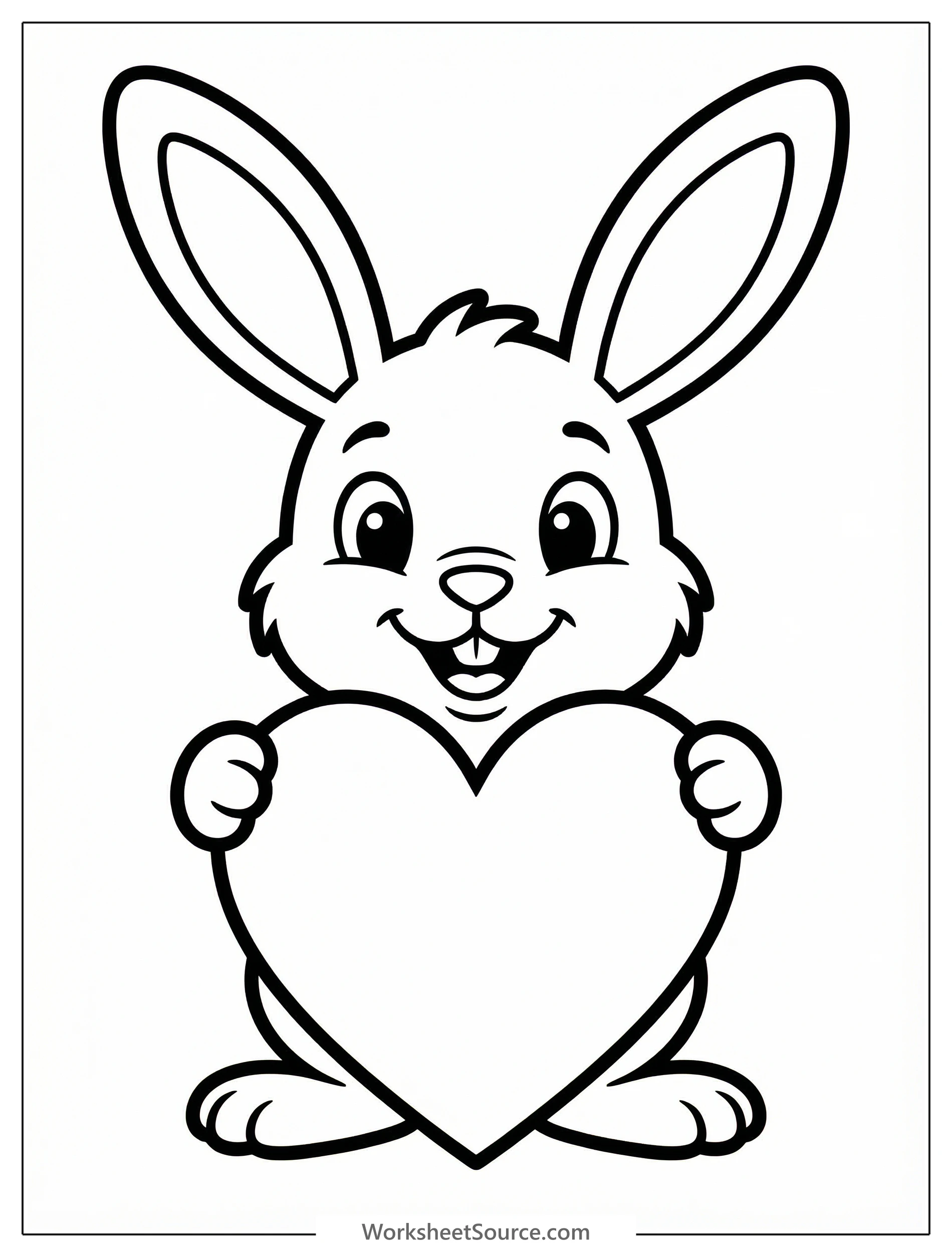 A cute cartoon bunny rabbit holds a large heart with the words 'Be My Valentine' in a whimsical font, ready for coloring.