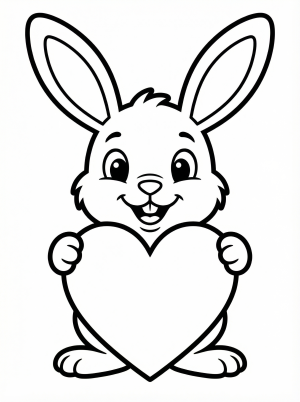 A cute cartoon bunny rabbit holds a large heart with the words 'Be My Valentine' in a whimsical font, ready for coloring.