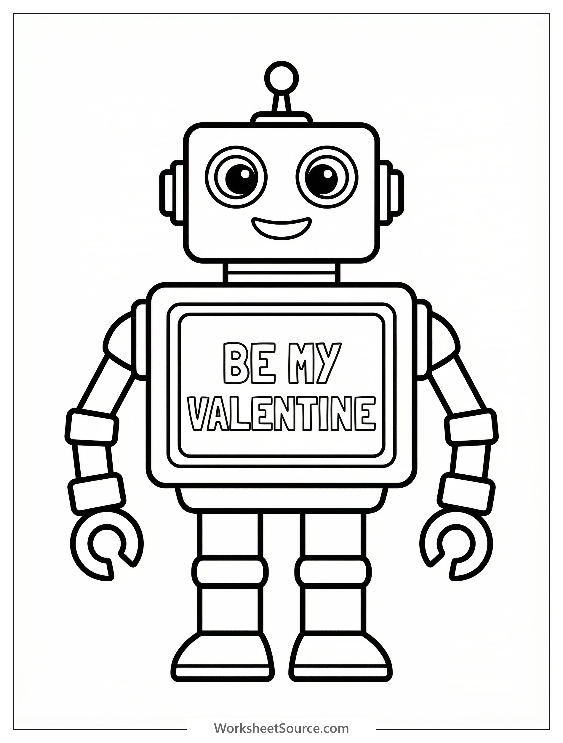 A friendly, rounded robot stands with a screen displaying 'Be My Valentine' in a heart shape. The robot has large eyes and a warm, inviting expression, ready for coloring.