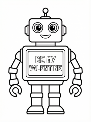 A friendly, rounded robot stands with a screen displaying 'Be My Valentine' in a heart shape. The robot has large eyes and a warm, inviting expression, ready for coloring.