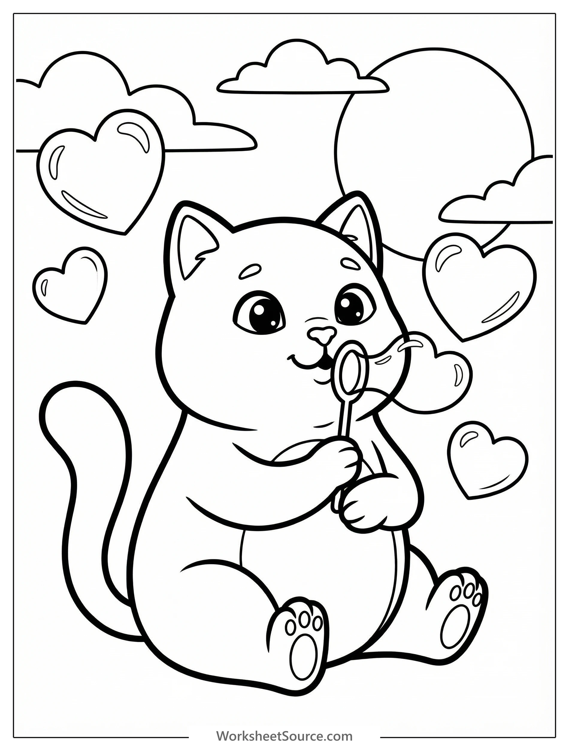 Outline drawing of a charming cartoon cat with large eyes, sitting happily and blowing a stream of numerous heart shaped bubbles, perfect for coloring.