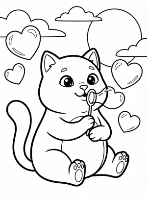 Outline drawing of a charming cartoon cat with large eyes, sitting happily and blowing a stream of numerous heart shaped bubbles, perfect for coloring.