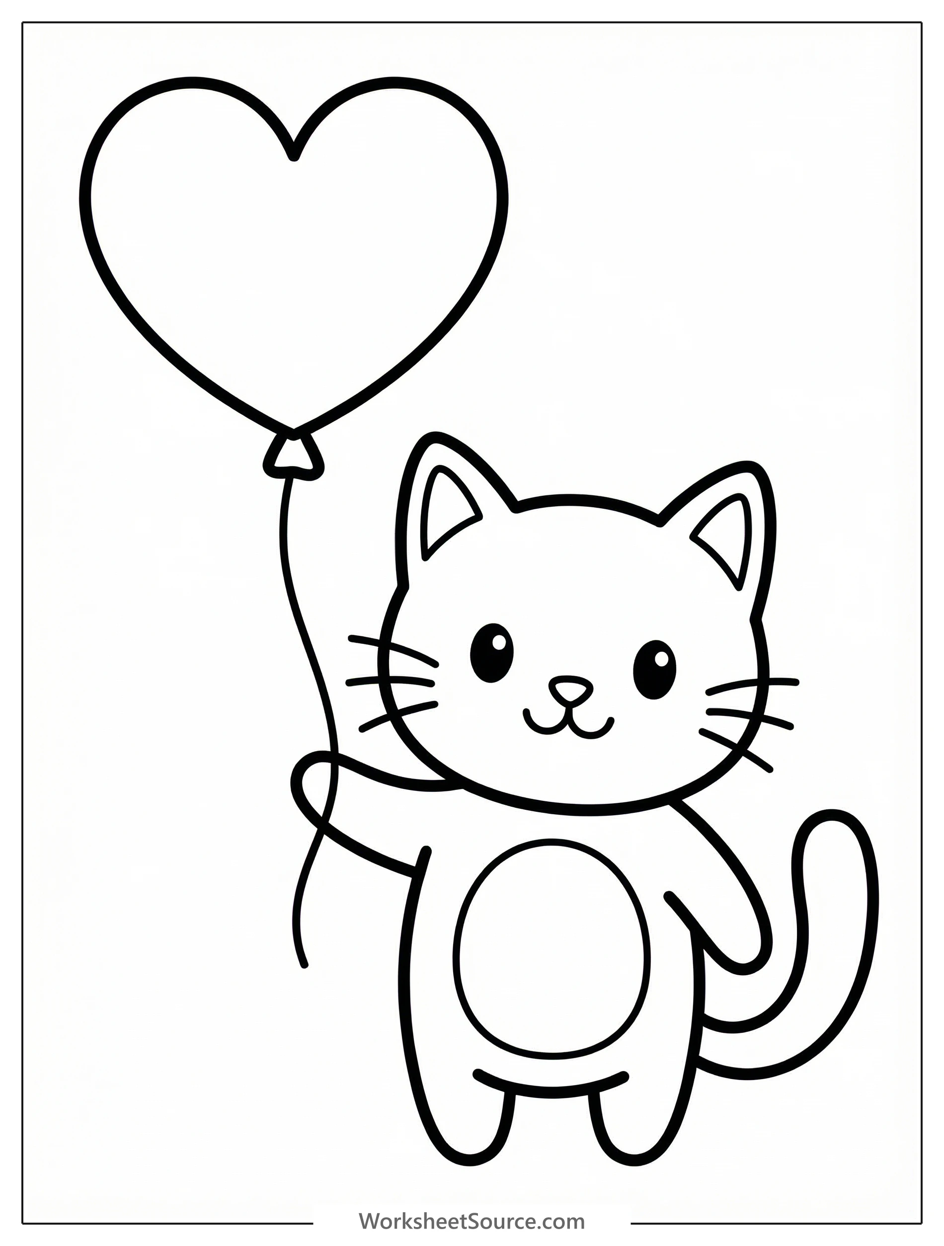 Outline drawing of a cheerful cat holding a string attached to a large, heart shaped balloon floating upwards. Simple, clear lines for coloring.