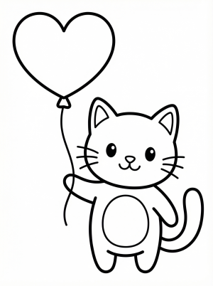 Outline drawing of a cheerful cat holding a string attached to a large, heart shaped balloon floating upwards. Simple, clear lines for coloring.