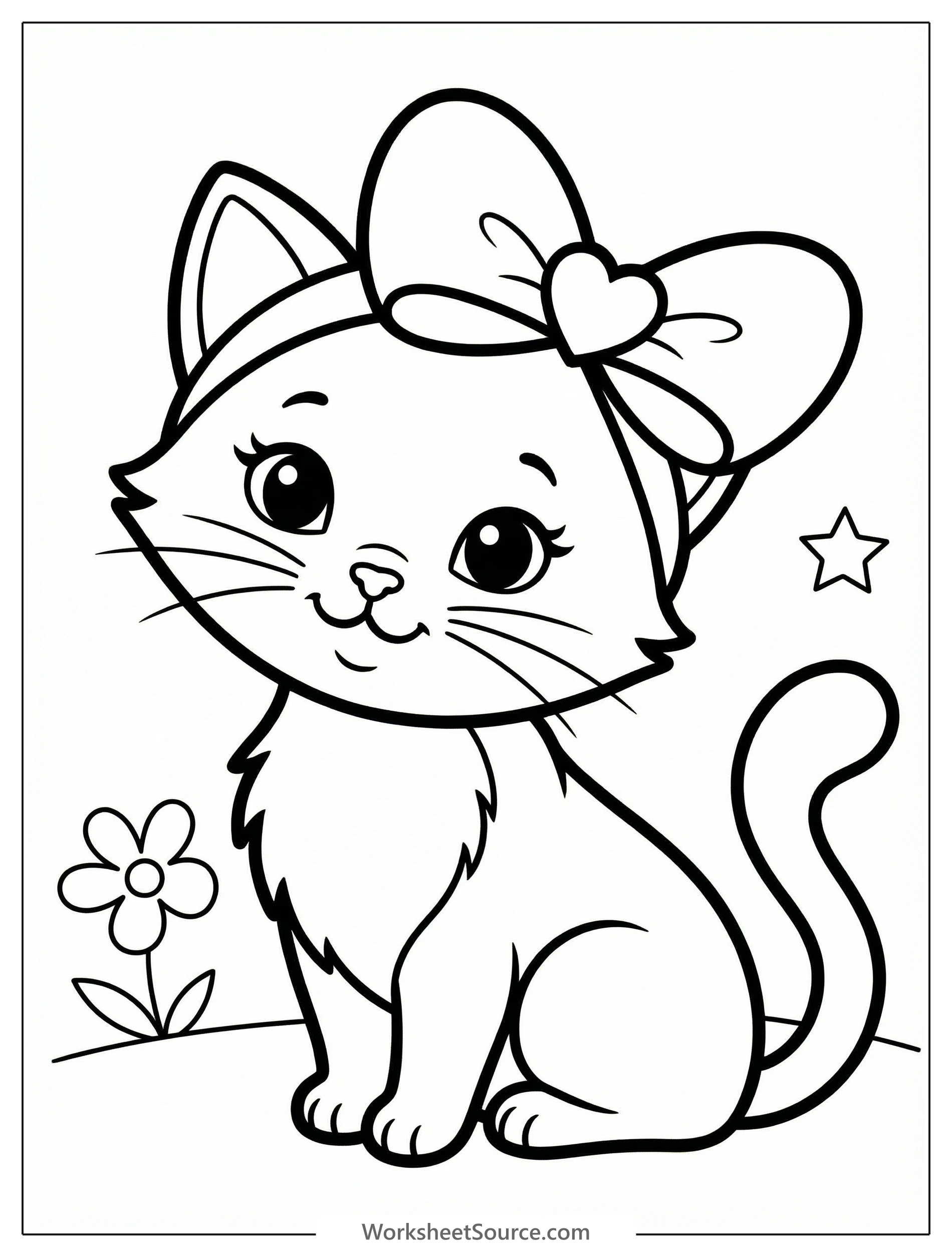 Adorable cartoon cat with a big red heart shaped bow on its head, suitable for coloring. The cat is sitting and facing forward, ready to be colored.
